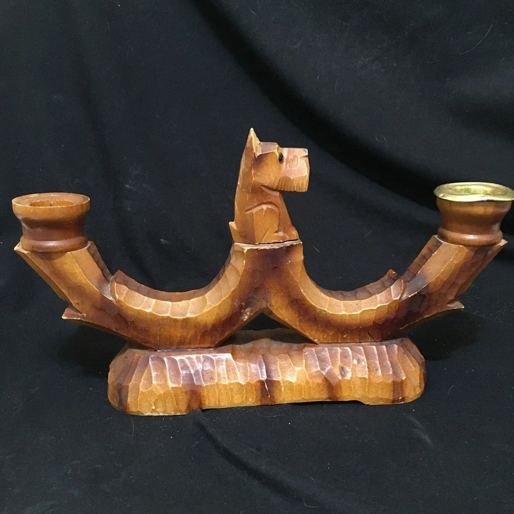 Vintage Scottish Terrier Scotty Dog Hand Carved Wooden Double Candle Holder